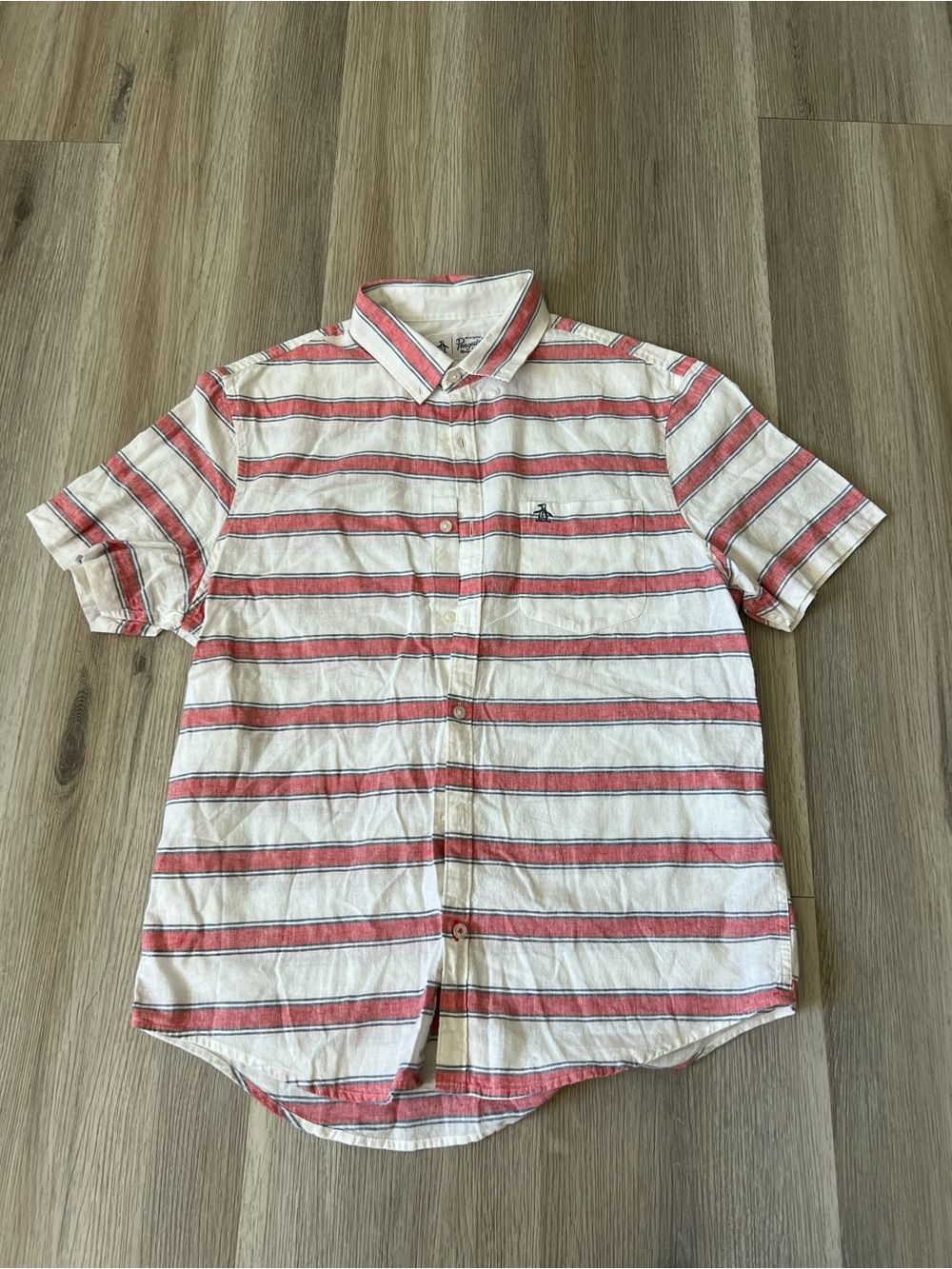 Original Penguin Short-Sleeve Button-Down Shirt in White and Red Stripes